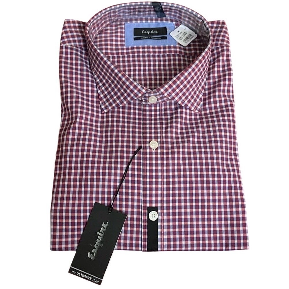 Esquire Slim Fit Non Iron Dress Shirt Mens 19 34/35 Red‎ Blue Gingham Checkered